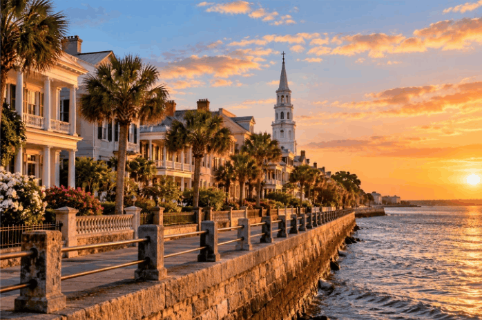 AI-generated illustration of Charleston's waterfront promenade, historic homes, palm trees, and church steeple at sunset.