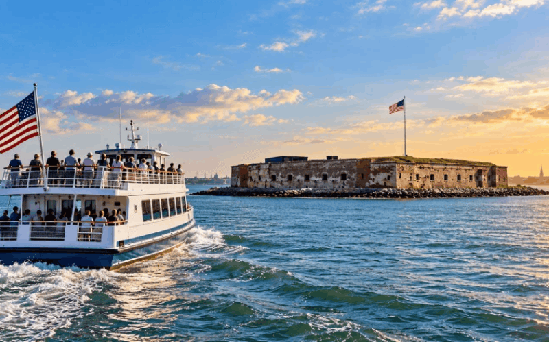AI-generated illustration of a passenger ferry approaching historic Fort Sumter across Charleston Harbor, South Carolina.