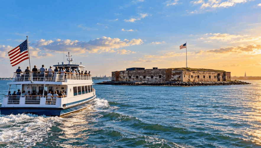 AI-generated illustration of a passenger ferry approaching historic Fort Sumter across Charleston Harbor, South Carolina.